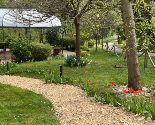 Foto zeigt kleinen Weg mit bluehenden Blumen zum Pavillon des Gartens