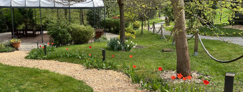 Foto zeigt kleinen Weg mit bluehenden Blumen zum Pavillon des Gartens